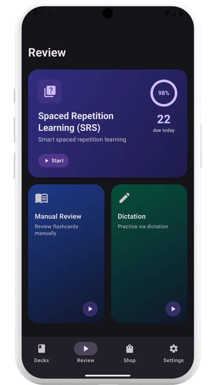 StudyMap Flashcards review screen with spaced repetition, manual review, and dictation