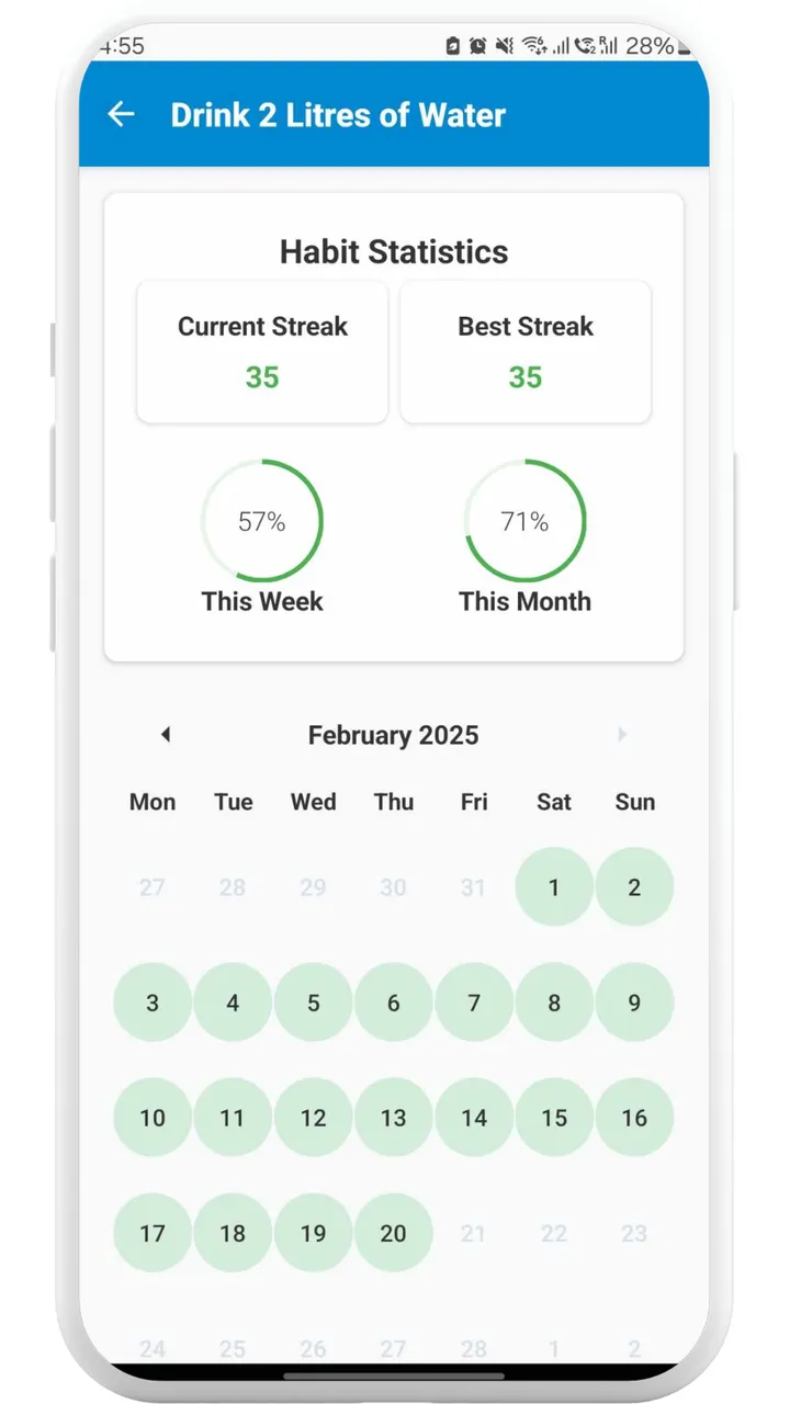 Habit Tracker progress screen with a completion calendar
