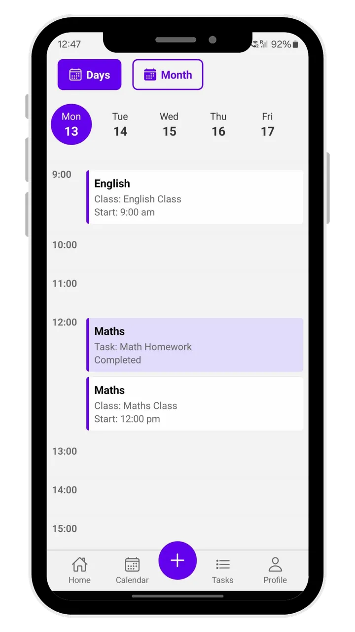 StudyMap Study Planner calendar with classes and tasks