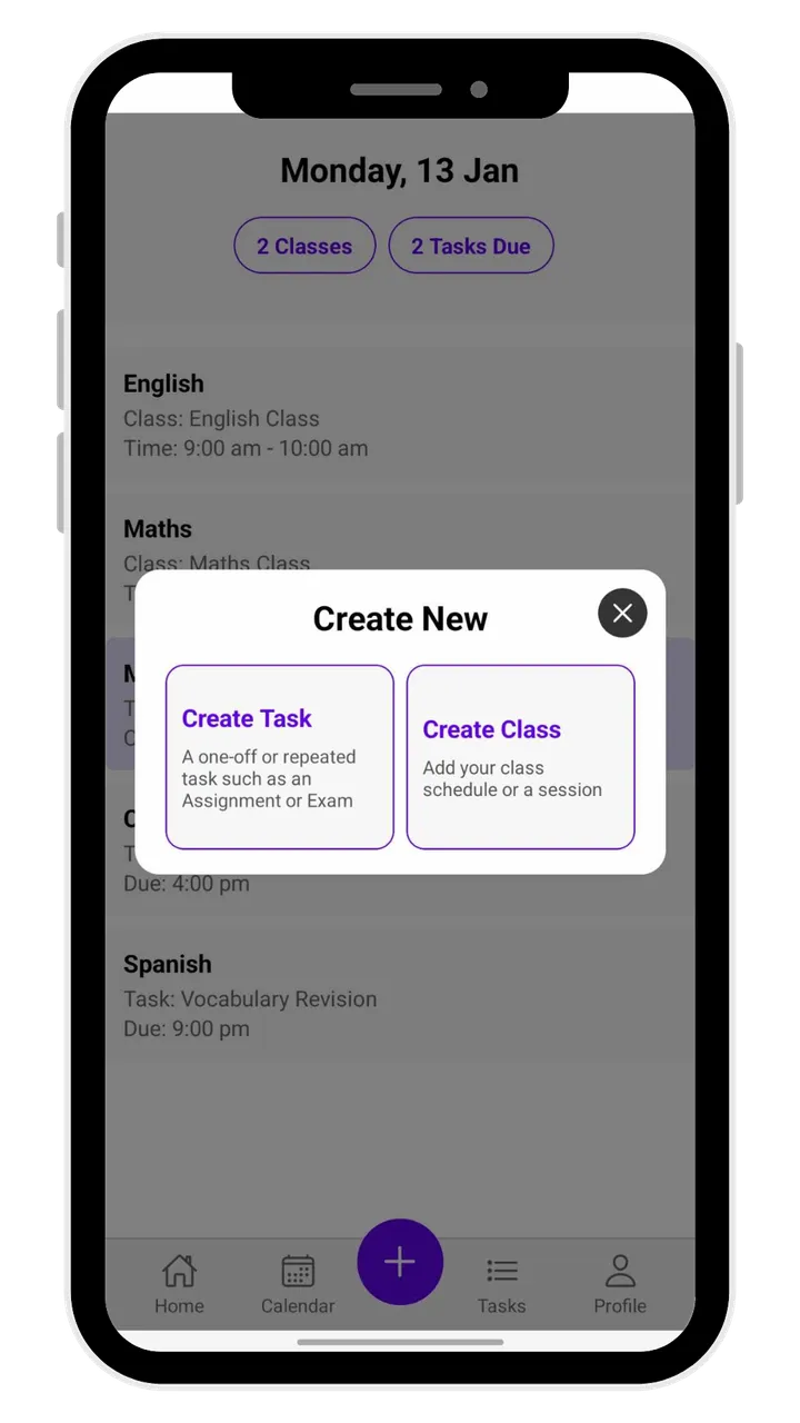 StudyMap Study Planner screen for creating a task or class