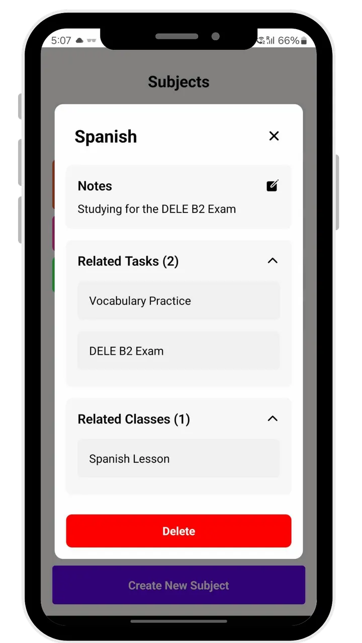 StudyMap Study Planner subject screen listing related tasks and classes